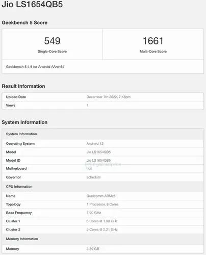 Jio Phone 5g geekbench